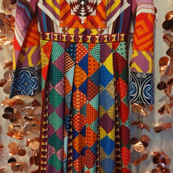 NWT Multicolor A-line Long Slv Printed Maxi Dress - Picture 10 of 10